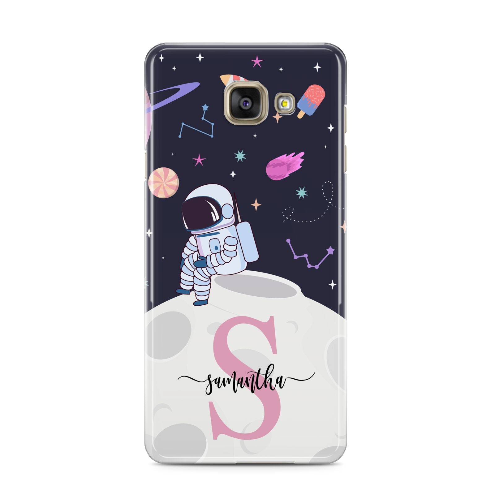 Astronaut in Candy Space with Name Samsung Galaxy A3 2016 Case on gold phone