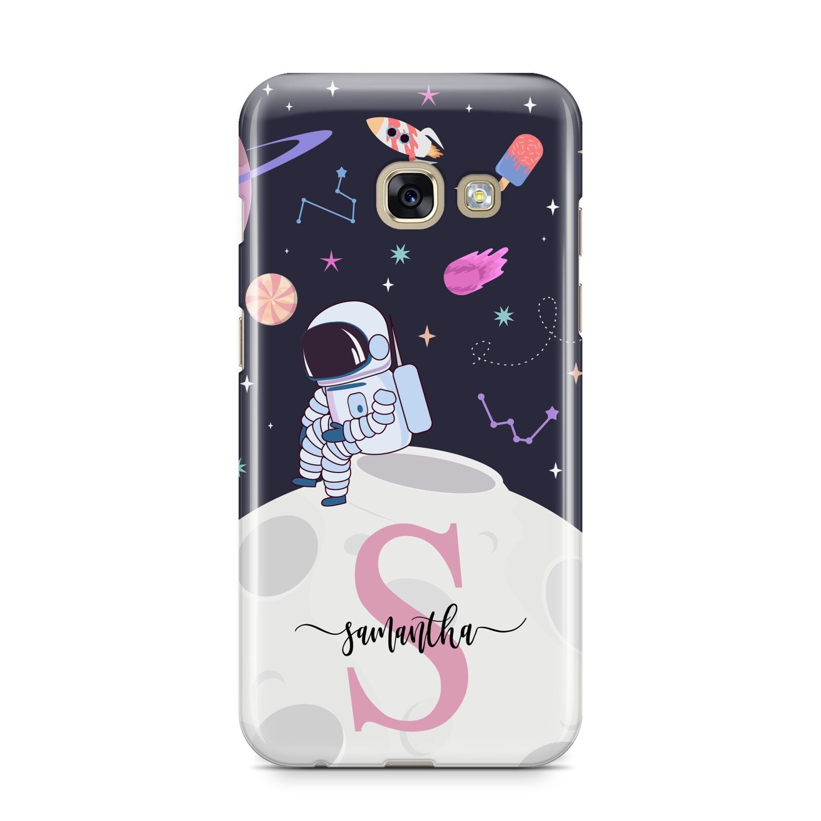 Astronaut in Candy Space with Name Samsung Galaxy A3 2017 Case on gold phone