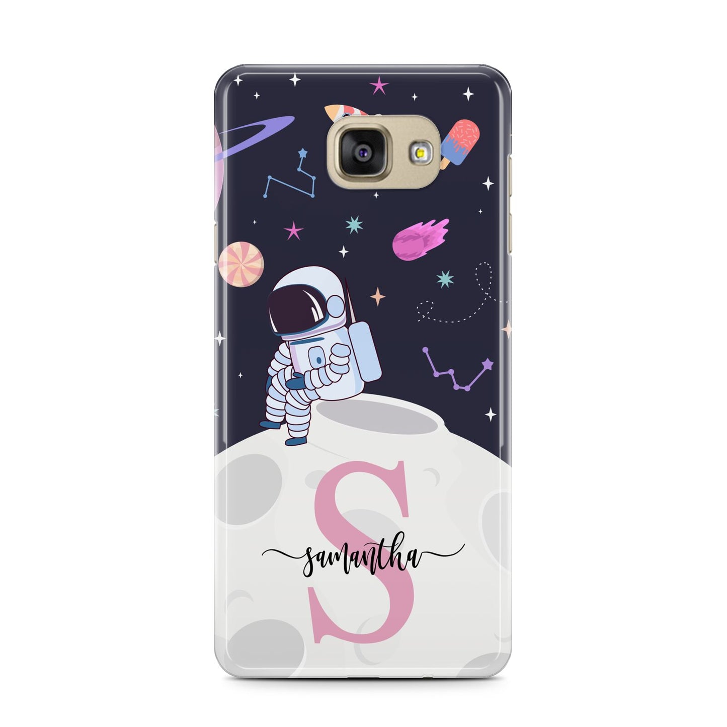 Astronaut in Candy Space with Name Samsung Galaxy A7 2016 Case on gold phone