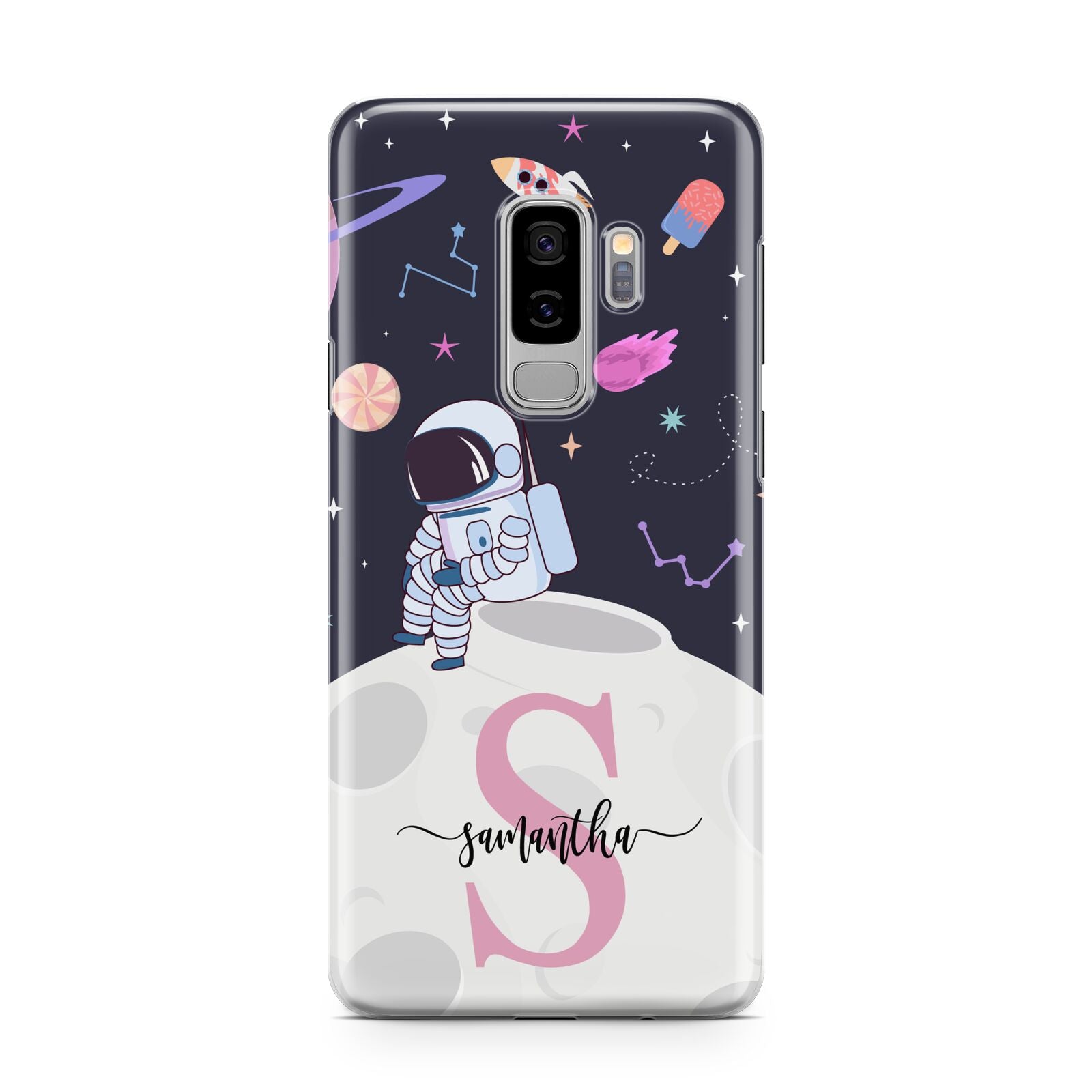 Astronaut in Candy Space with Name Samsung Galaxy S9 Plus Case on Silver phone