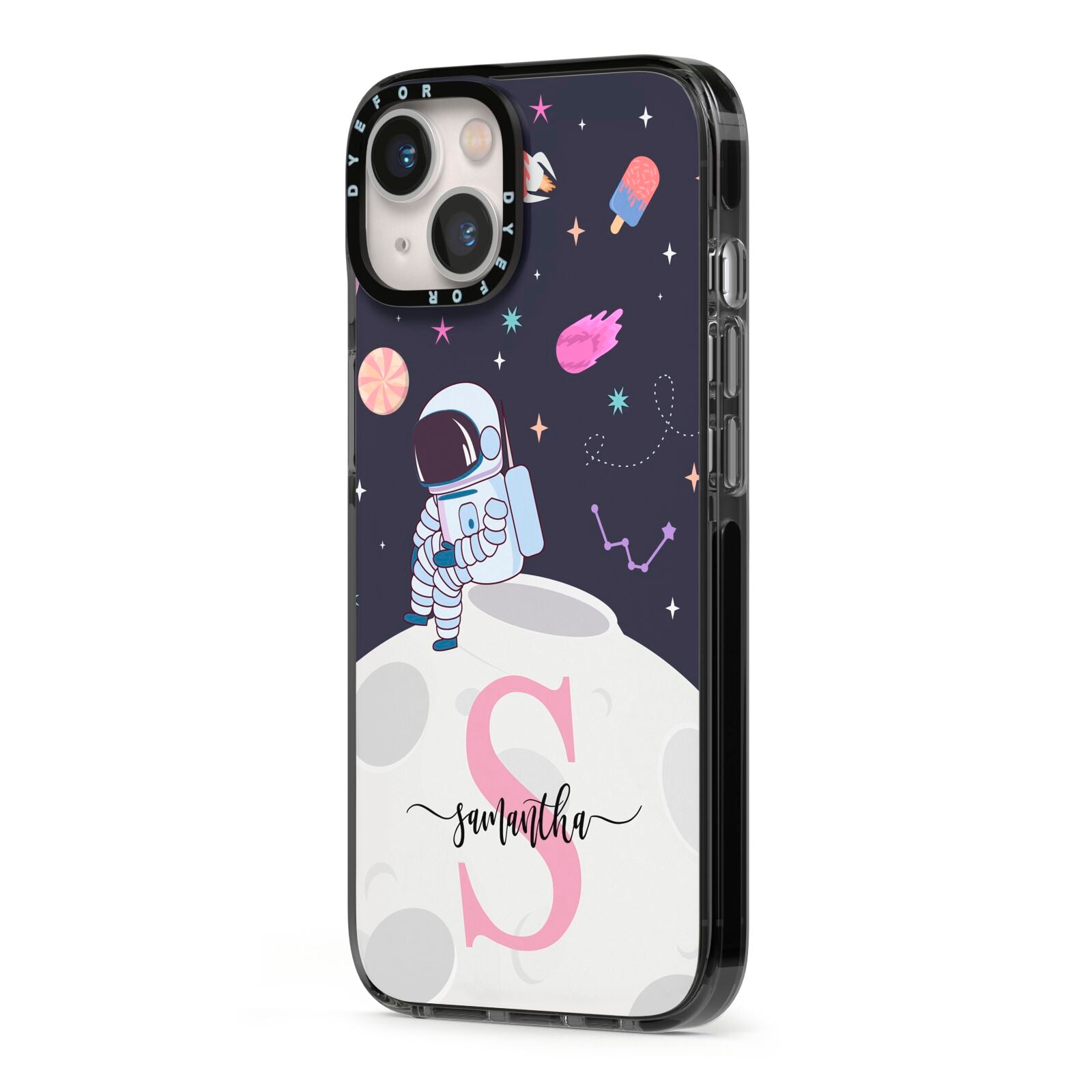Astronaut in Candy Space with Name iPhone 13 Black Impact Case Side Angle on Silver phone