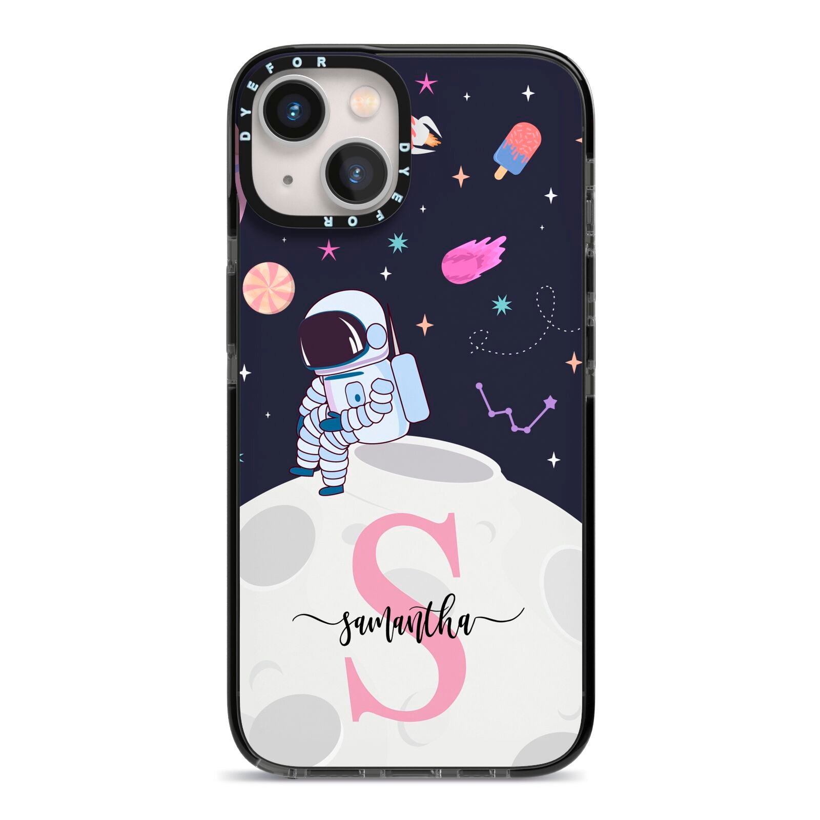 Astronaut in Candy Space with Name iPhone 13 Black Impact Case on Silver phone
