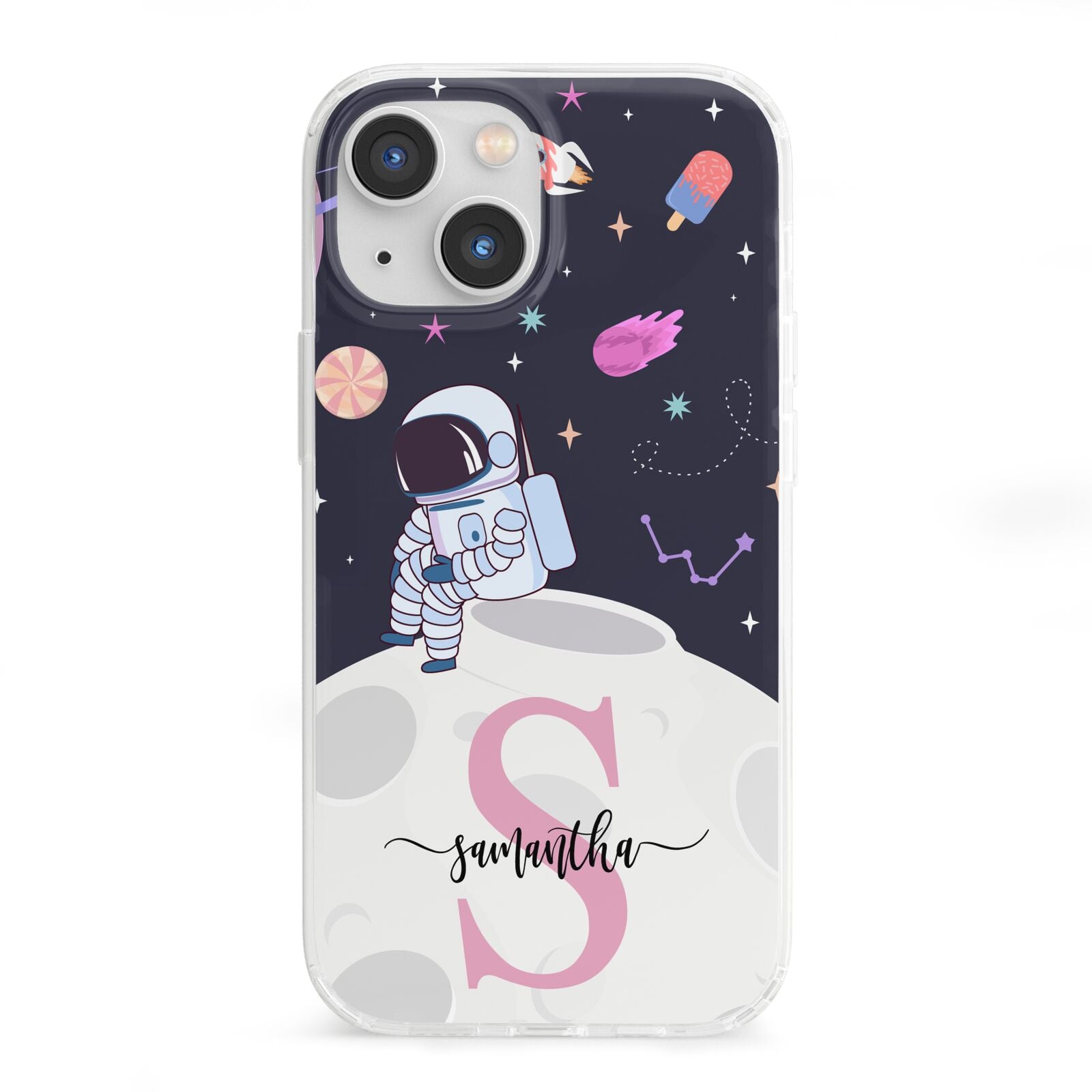 Astronaut in Candy Space with Name iPhone 13 Mini Clear Bumper Case