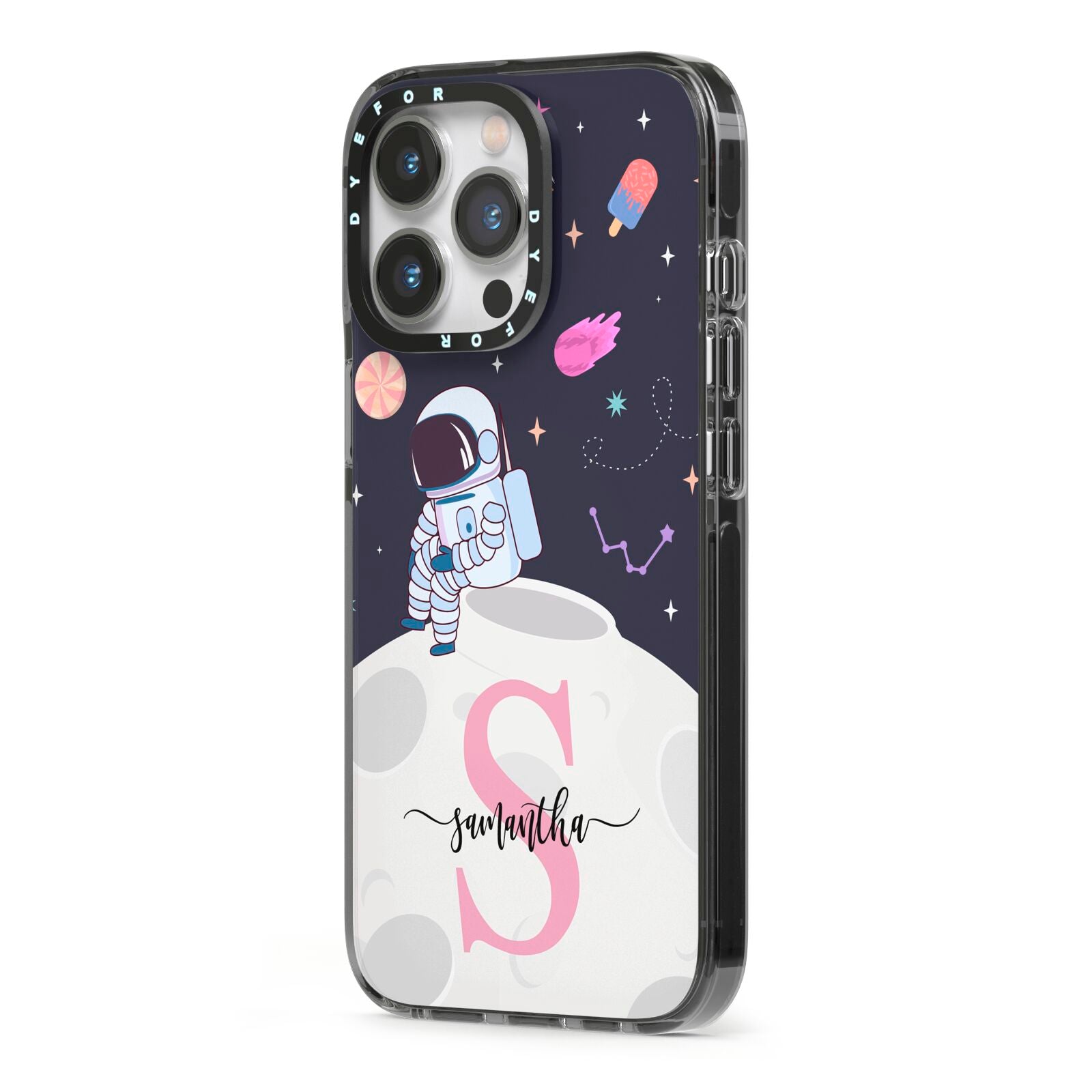 Astronaut in Candy Space with Name iPhone 13 Pro Black Impact Case Side Angle on Silver phone