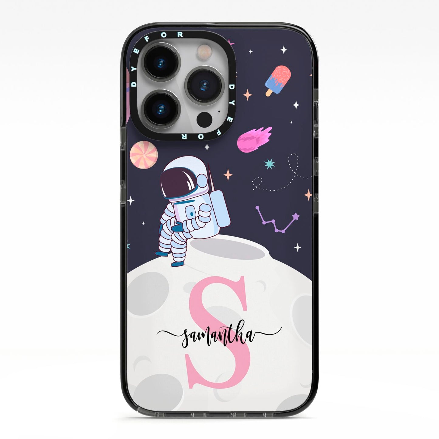 Astronaut in Candy Space with Name iPhone 13 Pro Black Impact Case on Silver phone