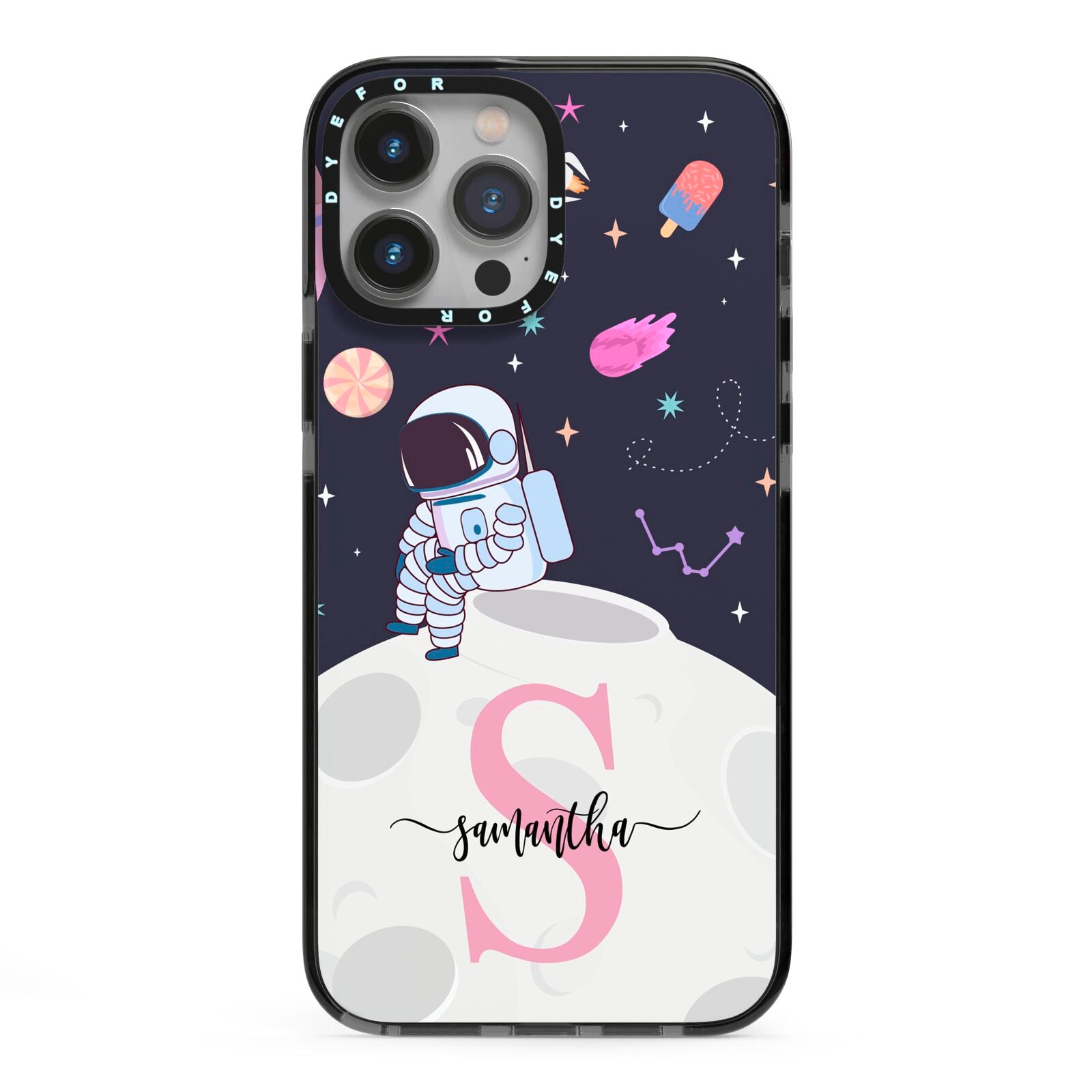 Astronaut in Candy Space with Name iPhone 13 Pro Max Black Impact Case on Silver phone