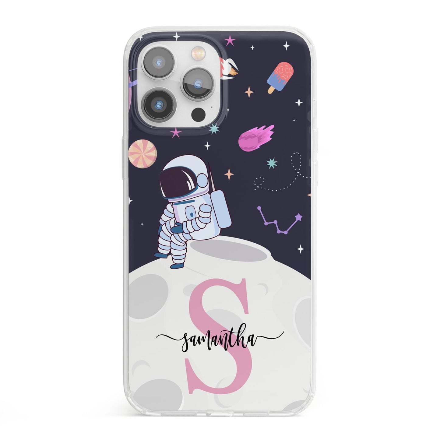 Astronaut in Candy Space with Name iPhone 13 Pro Max Clear Bumper Case