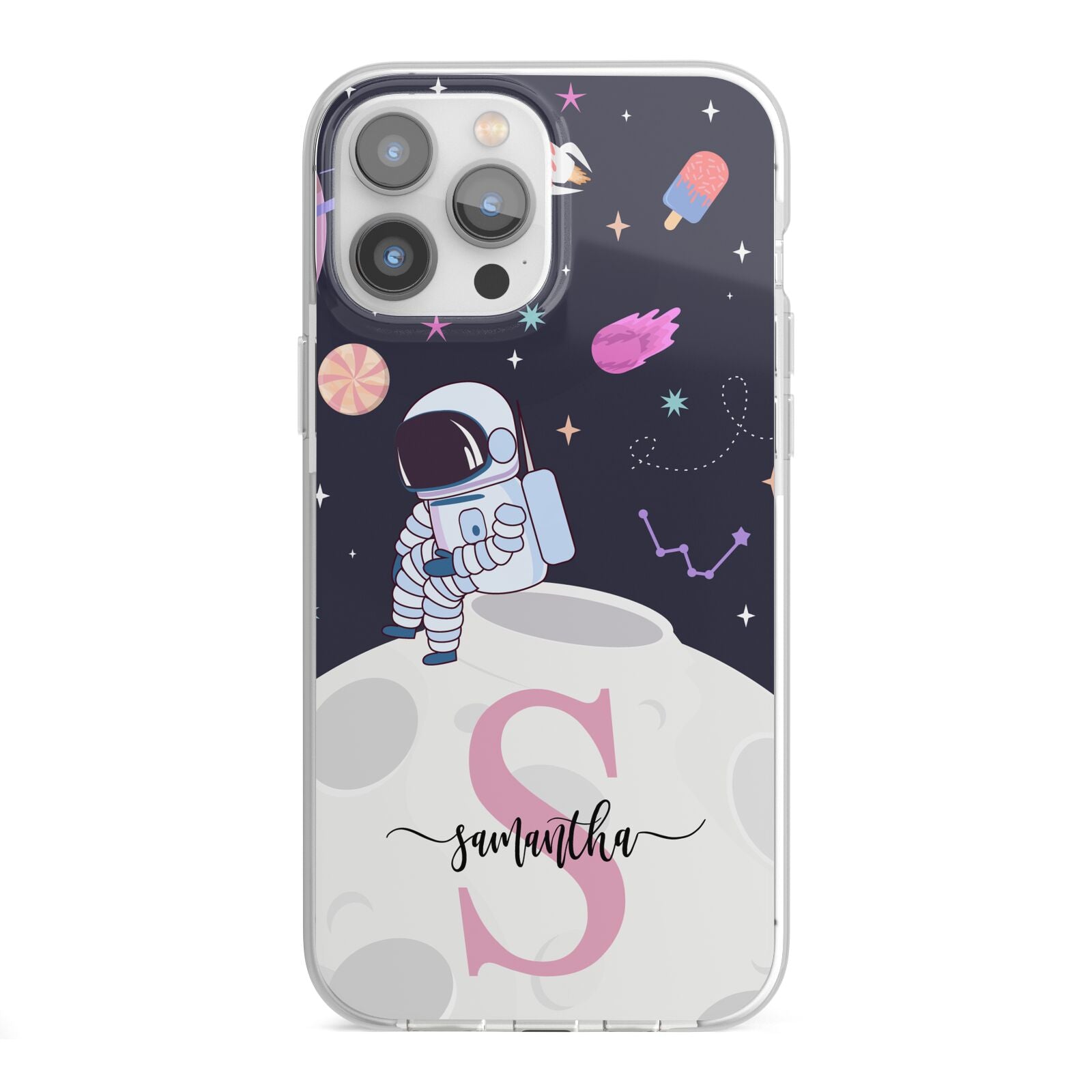 Astronaut in Candy Space with Name iPhone 13 Pro Max TPU Impact Case with White Edges