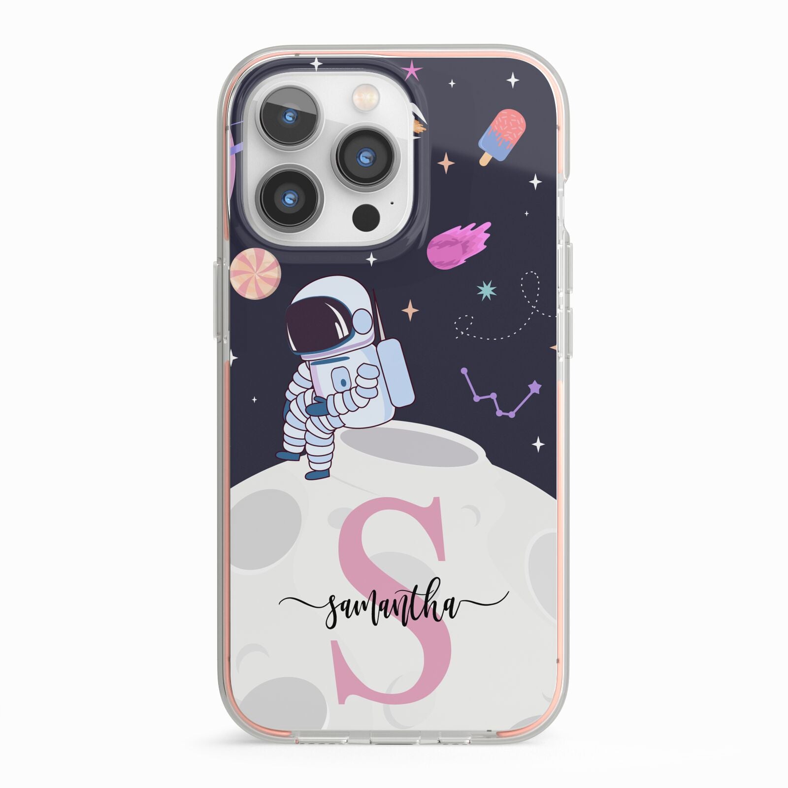 Astronaut in Candy Space with Name iPhone 13 Pro TPU Impact Case with Pink Edges