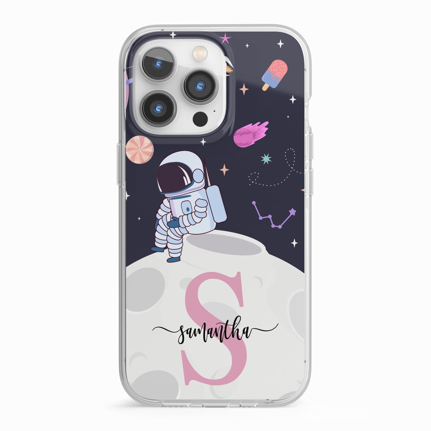 Astronaut in Candy Space with Name iPhone 13 Pro TPU Impact Case with White Edges