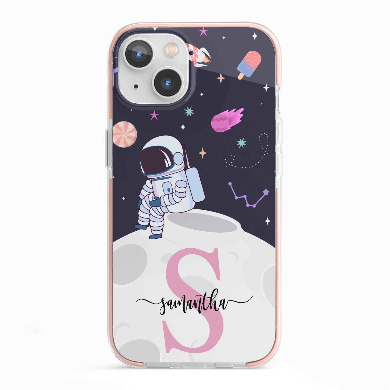 Astronaut in Candy Space with Name iPhone 13 TPU Impact Case with Pink Edges