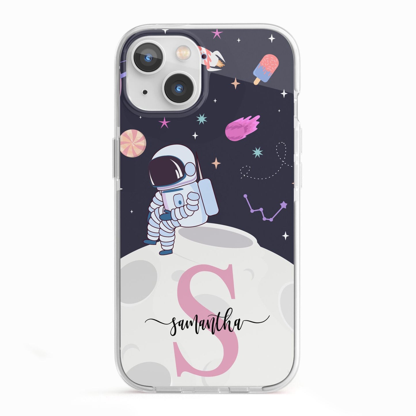 Astronaut in Candy Space with Name iPhone 13 TPU Impact Case with White Edges