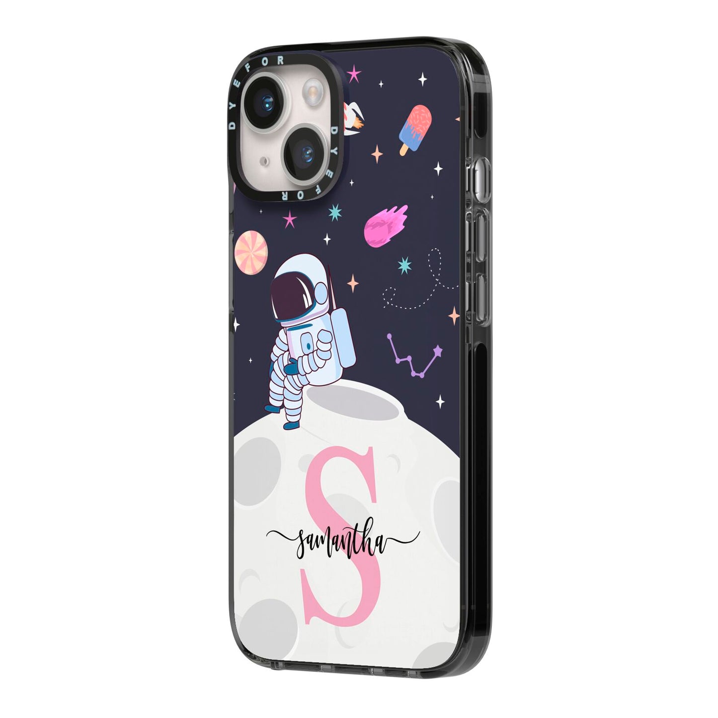 Astronaut in Candy Space with Name iPhone 14 Black Impact Case Side Angle on Silver phone