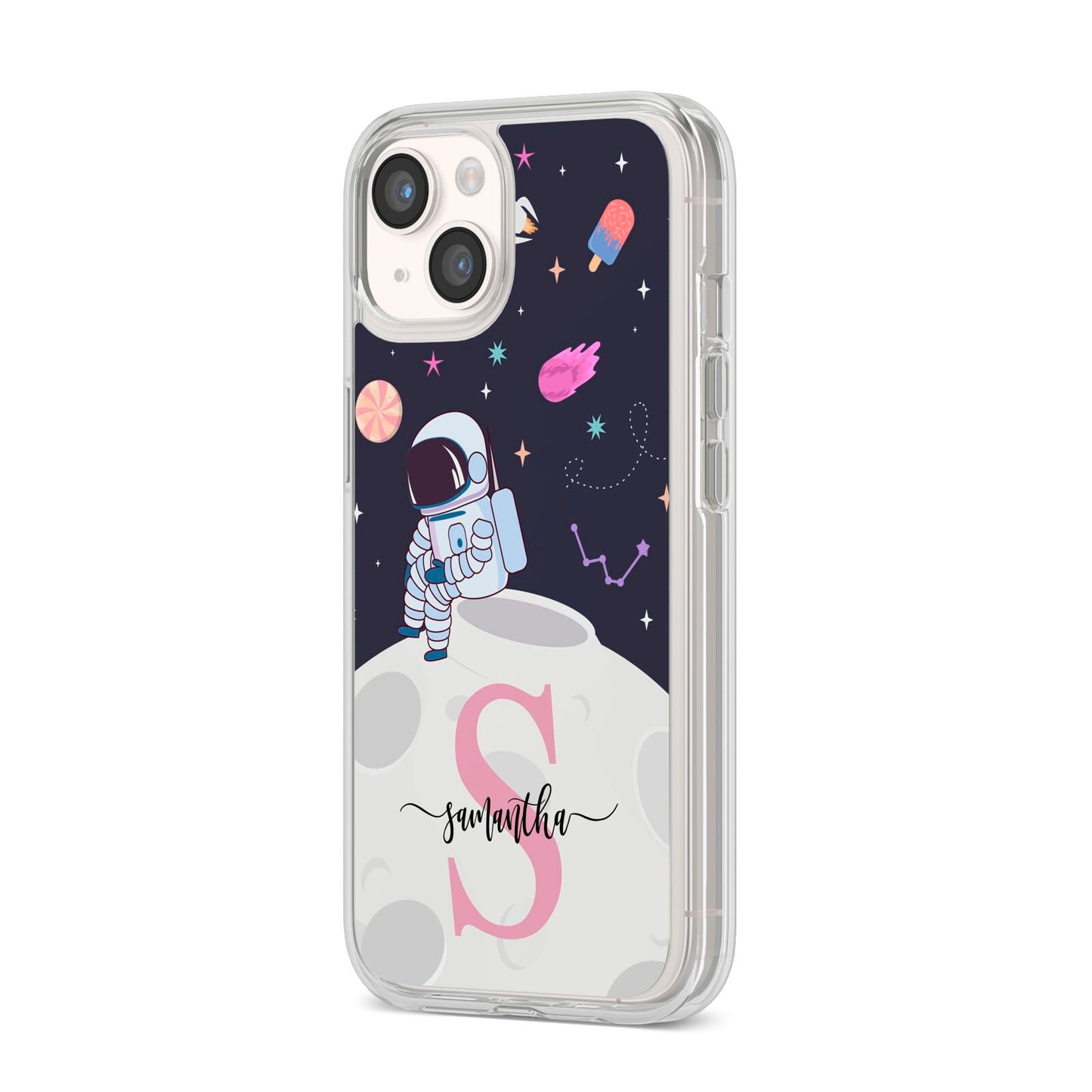Astronaut in Candy Space with Name iPhone 14 Clear Tough Case Starlight Angled Image