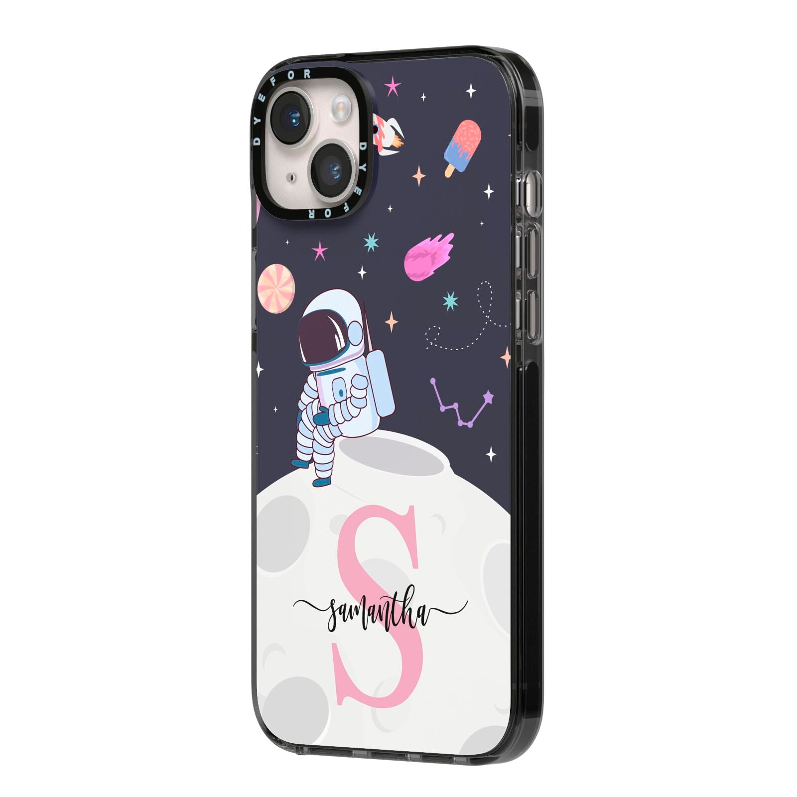 Astronaut in Candy Space with Name iPhone 14 Plus Black Impact Case Side Angle on Silver phone