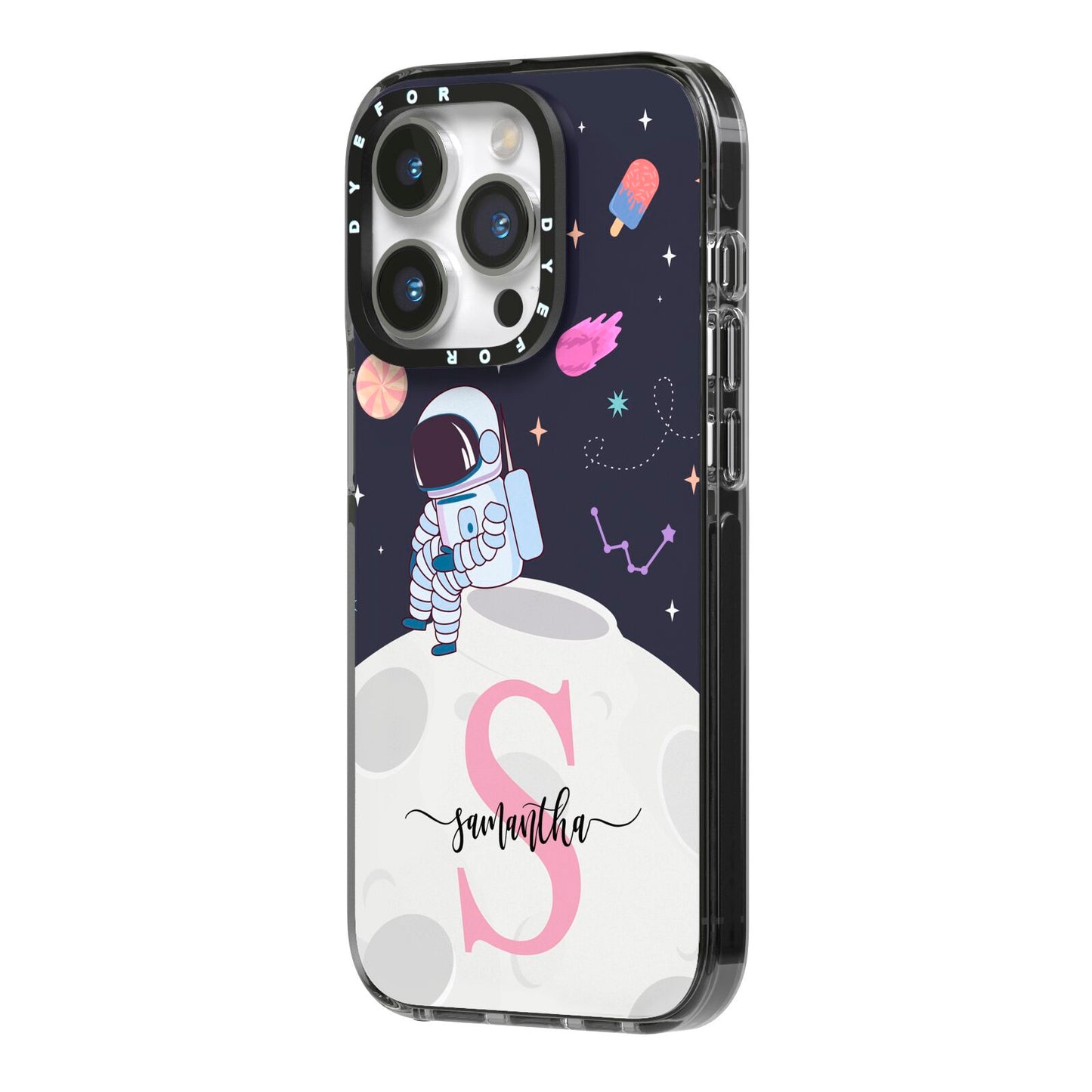 Astronaut in Candy Space with Name iPhone 14 Pro Black Impact Case Side Angle on Silver phone