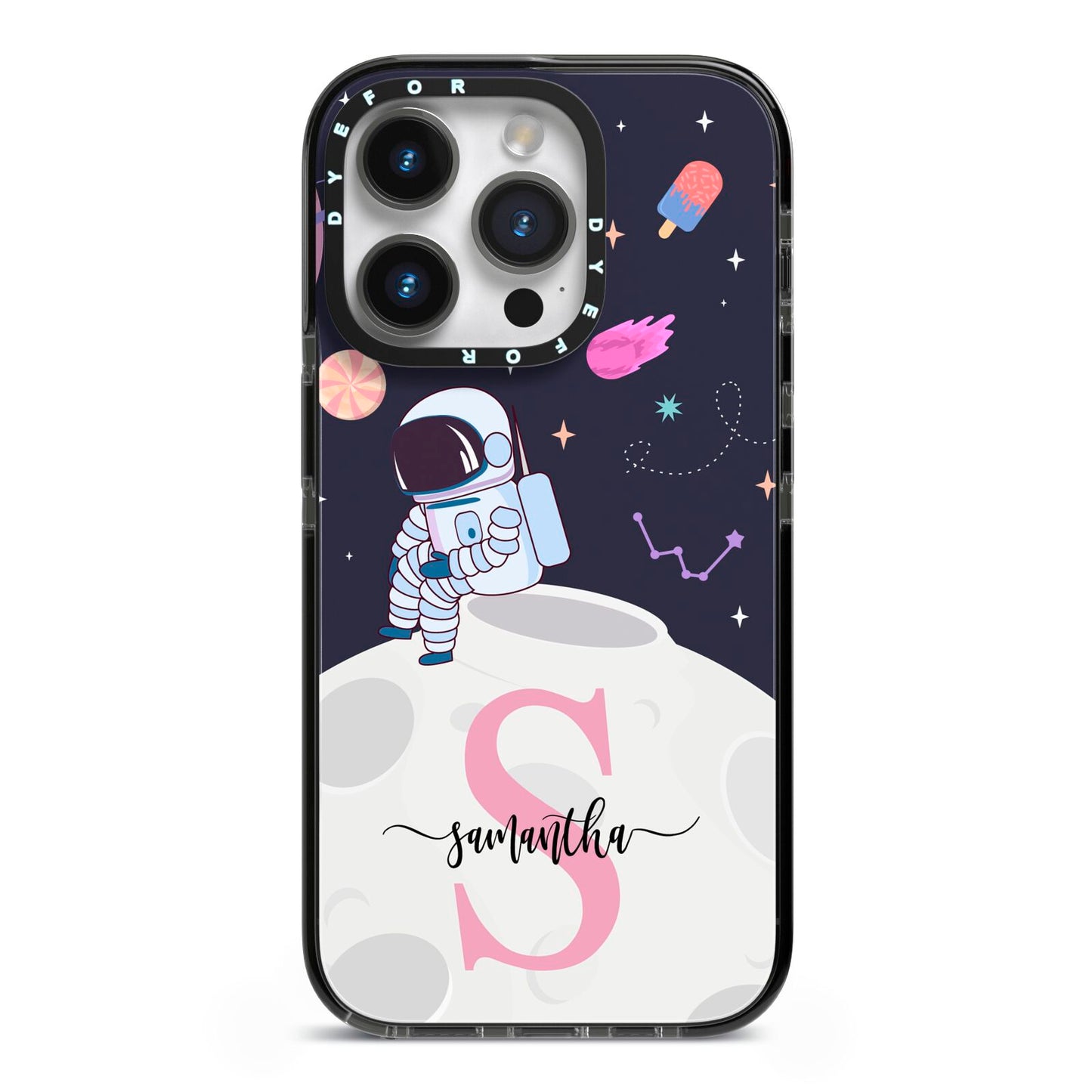 Astronaut in Candy Space with Name iPhone 14 Pro Black Impact Case on Silver phone