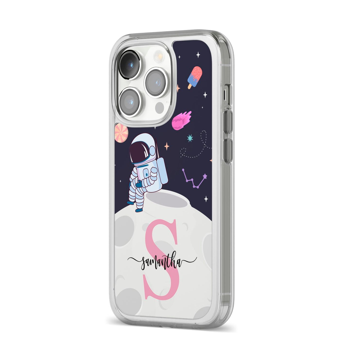 Astronaut in Candy Space with Name iPhone 14 Pro Clear Tough Case Silver Angled Image
