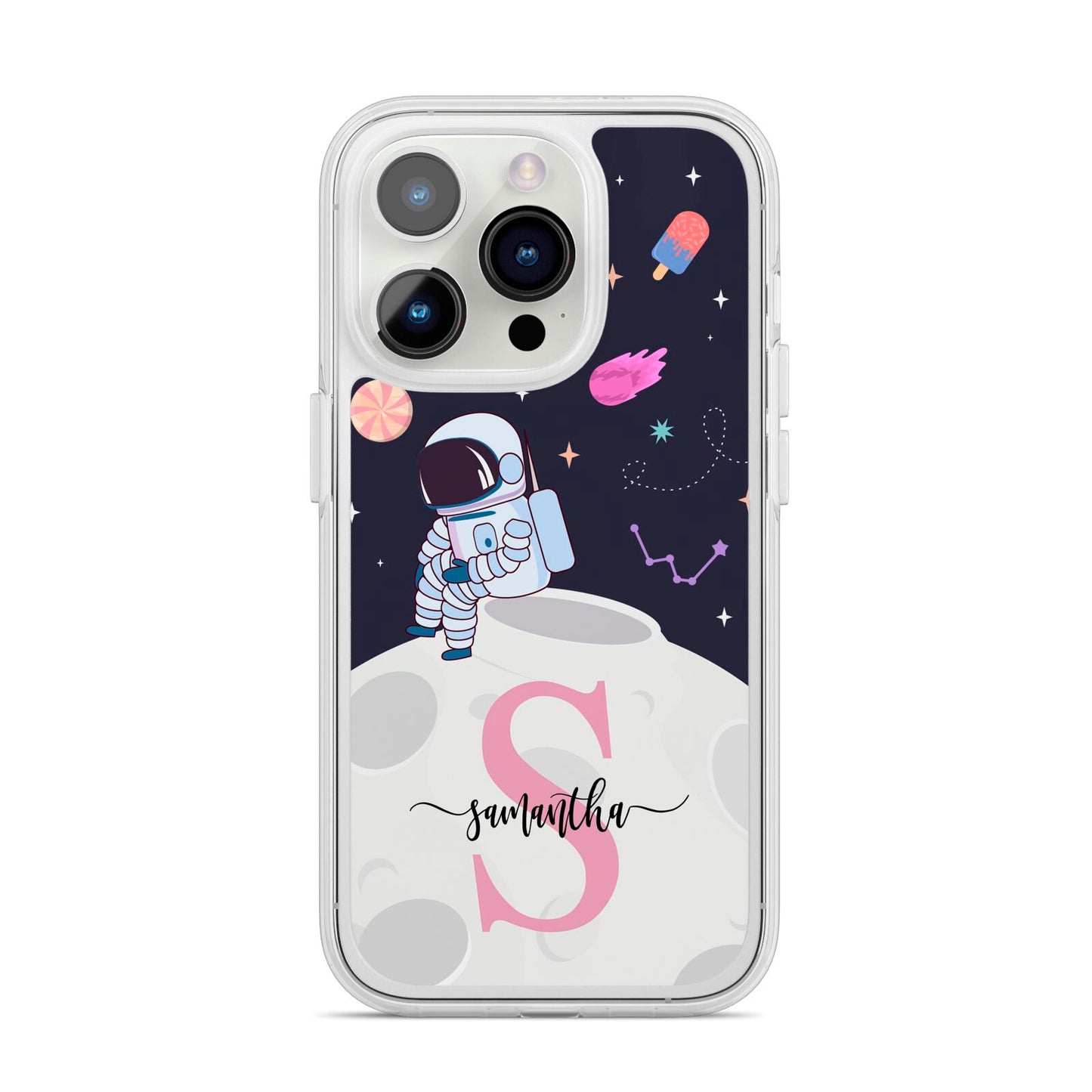 Astronaut in Candy Space with Name iPhone 14 Pro Clear Tough Case Silver