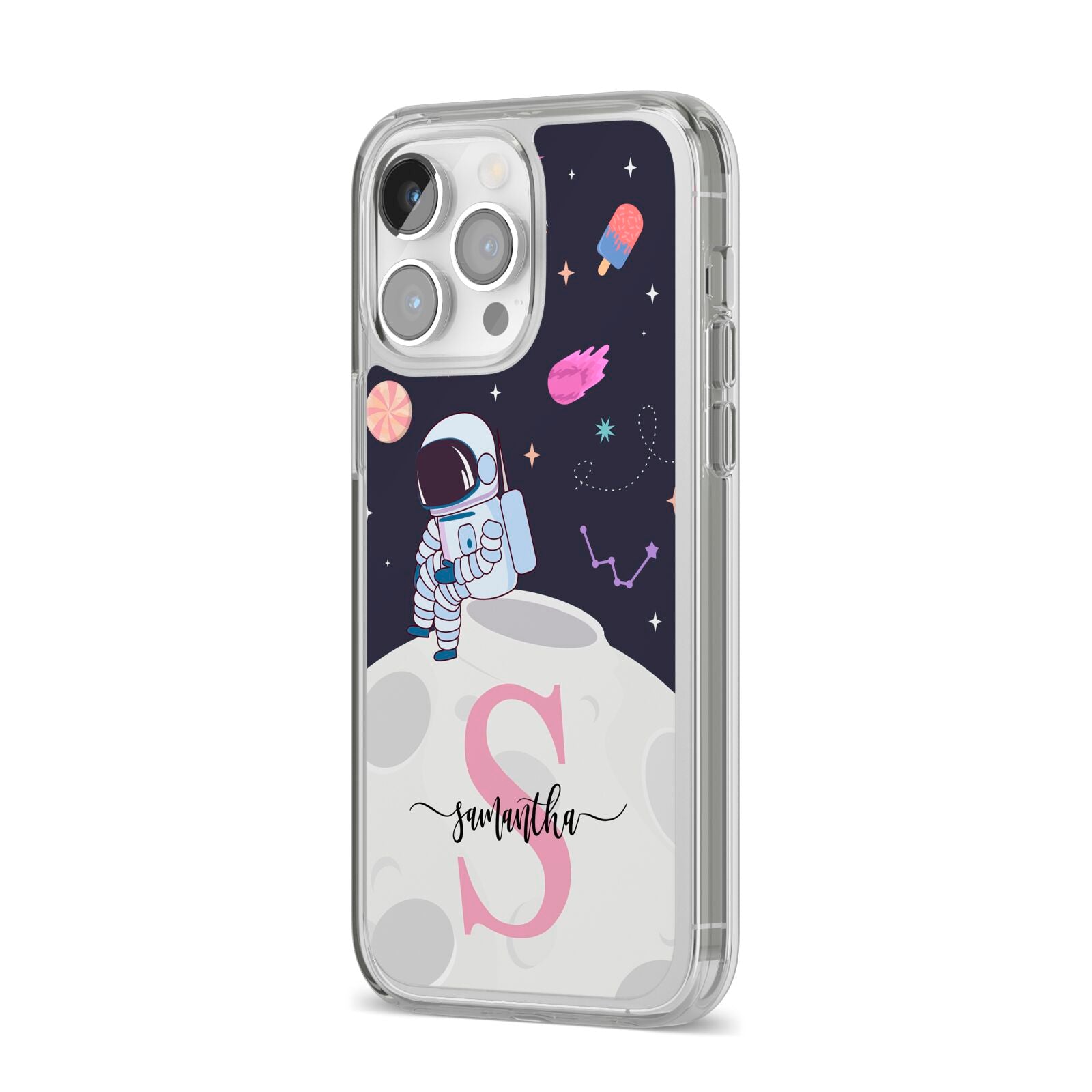 Astronaut in Candy Space with Name iPhone 14 Pro Max Clear Tough Case Silver Angled Image