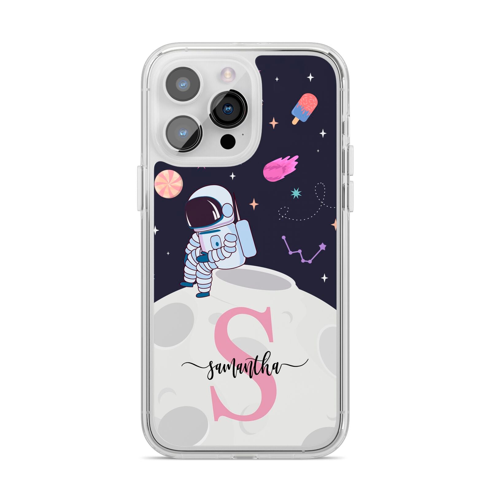 Astronaut in Candy Space with Name iPhone 14 Pro Max Clear Tough Case Silver