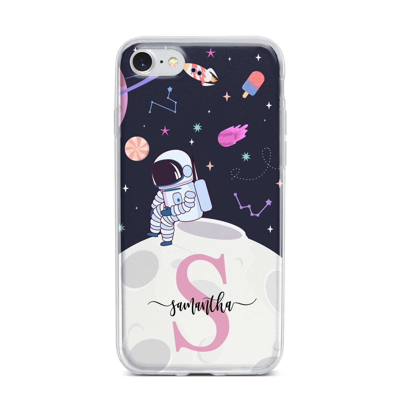 Astronaut in Candy Space with Name iPhone 7 Bumper Case on Silver iPhone