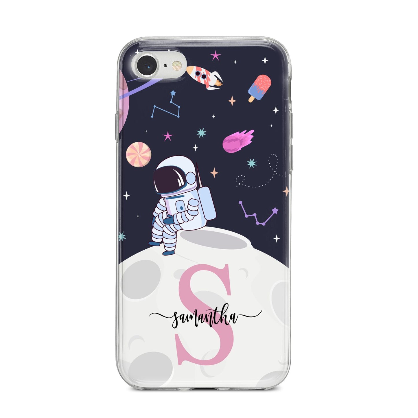 Astronaut in Candy Space with Name iPhone 8 Bumper Case on Silver iPhone