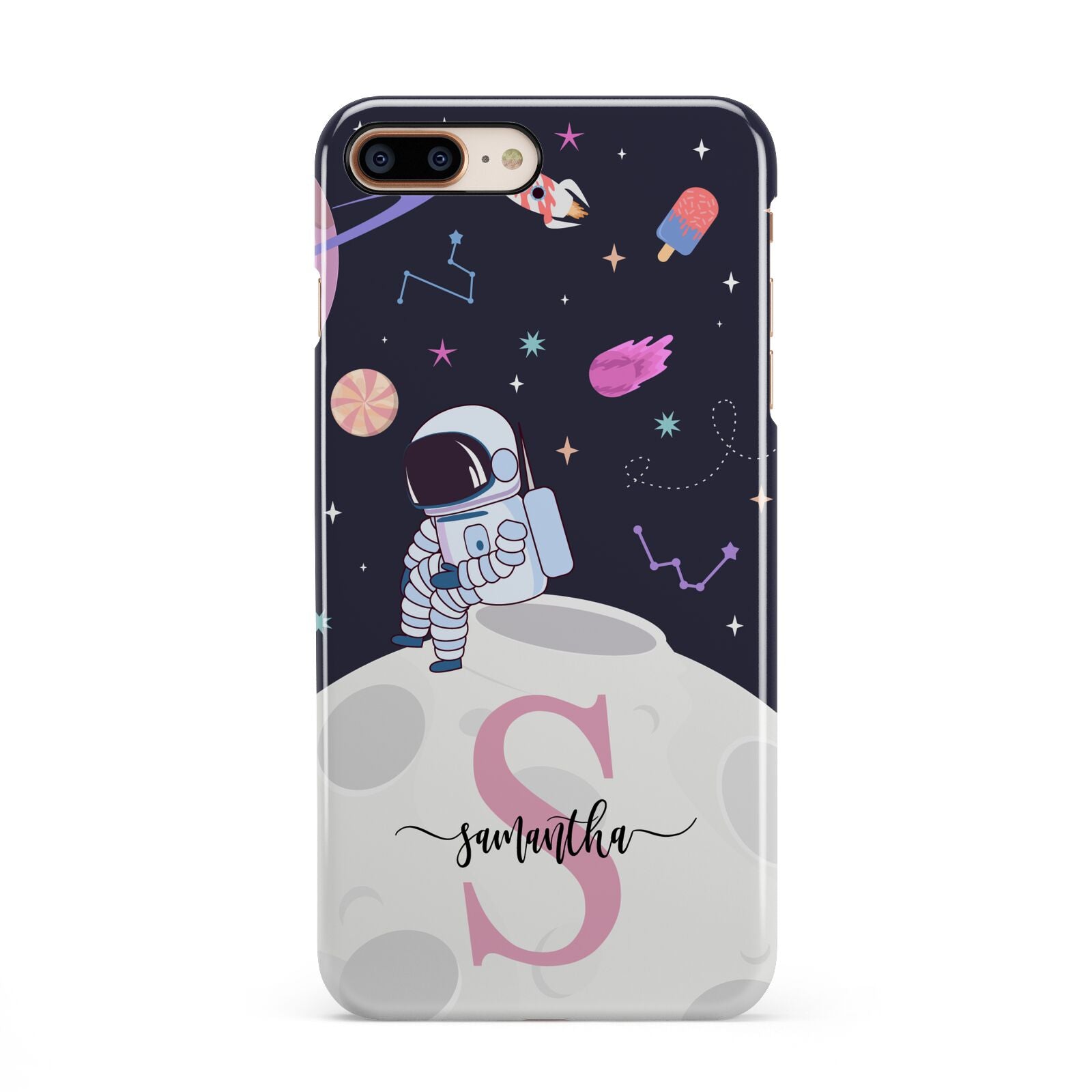 Astronaut in Candy Space with Name iPhone 8 Plus 3D Snap Case on Gold Phone