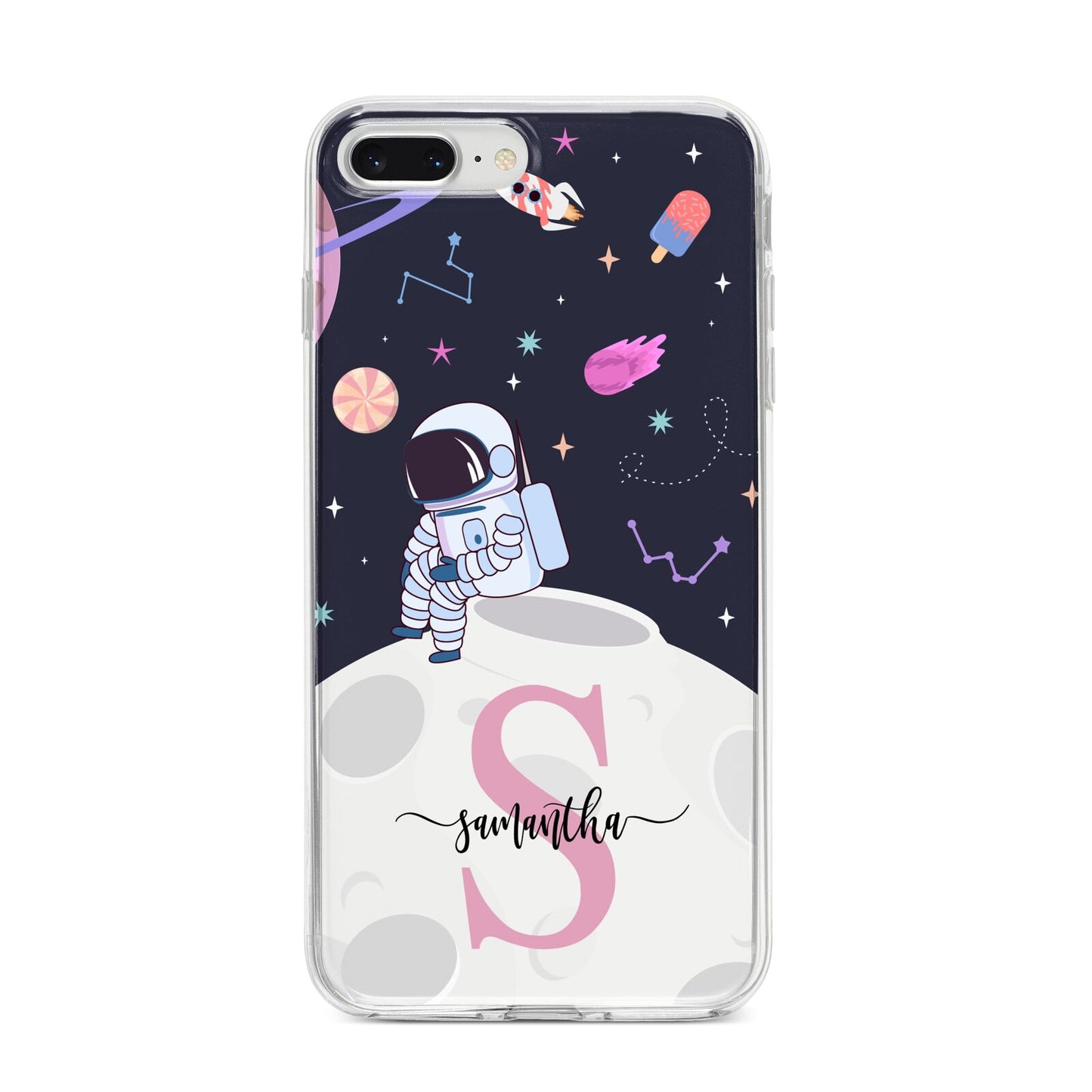 Astronaut in Candy Space with Name iPhone 8 Plus Bumper Case on Silver iPhone
