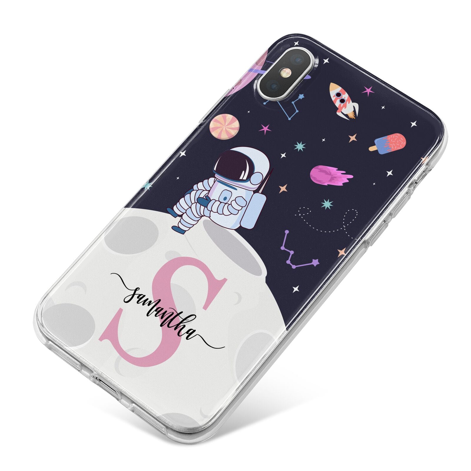 Astronaut in Candy Space with Name iPhone X Bumper Case on Silver iPhone