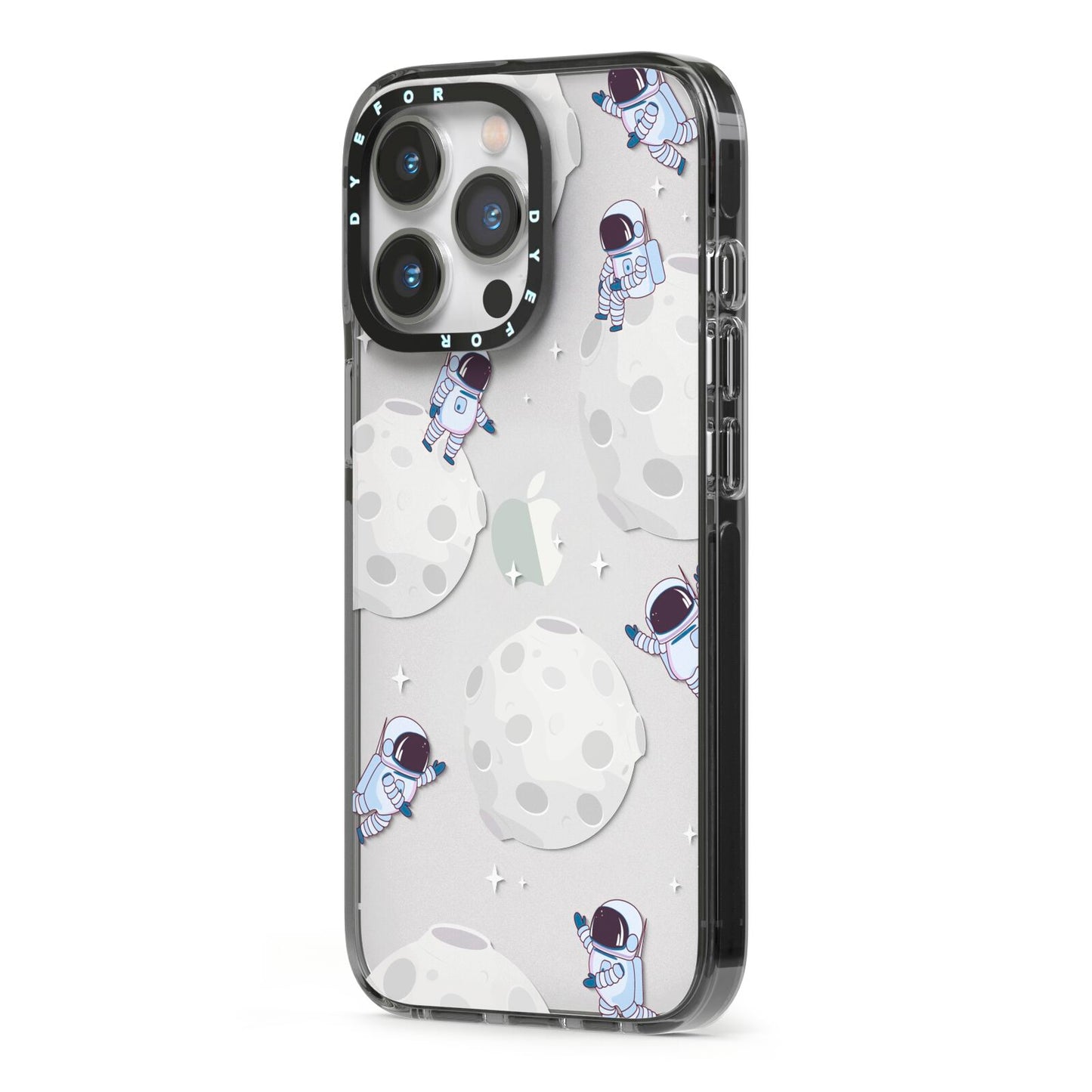 Astronauts and Asteroids iPhone 13 Pro Black Impact Case Side Angle on Silver phone
