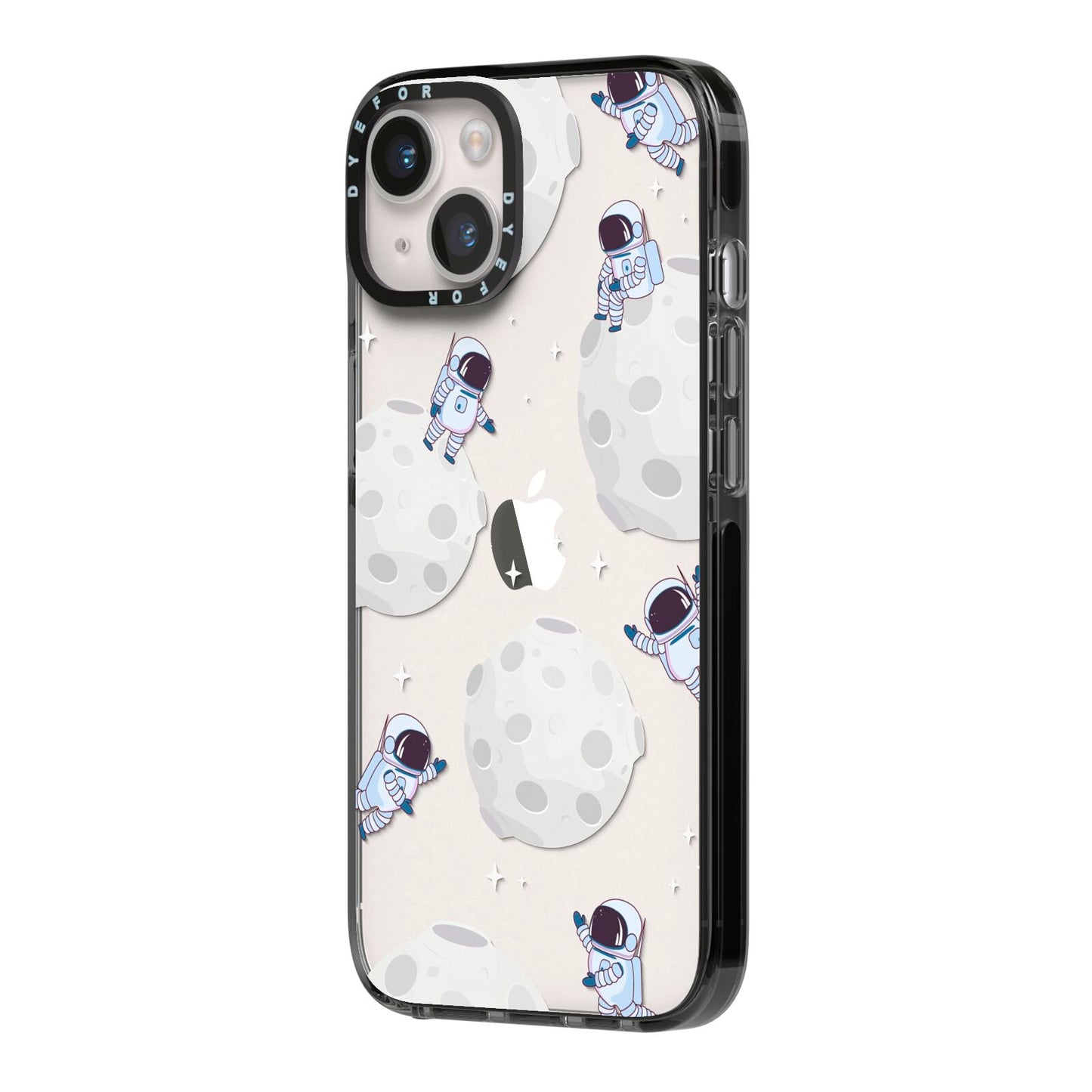 Astronauts and Asteroids iPhone 14 Black Impact Case Side Angle on Silver phone
