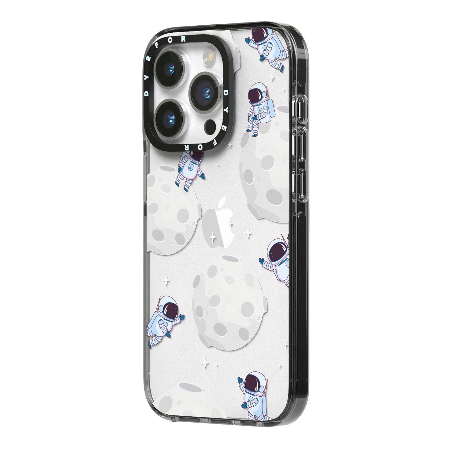 Astronauts and Asteroids iPhone 14 Pro Black Impact Case Side Angle on Silver phone