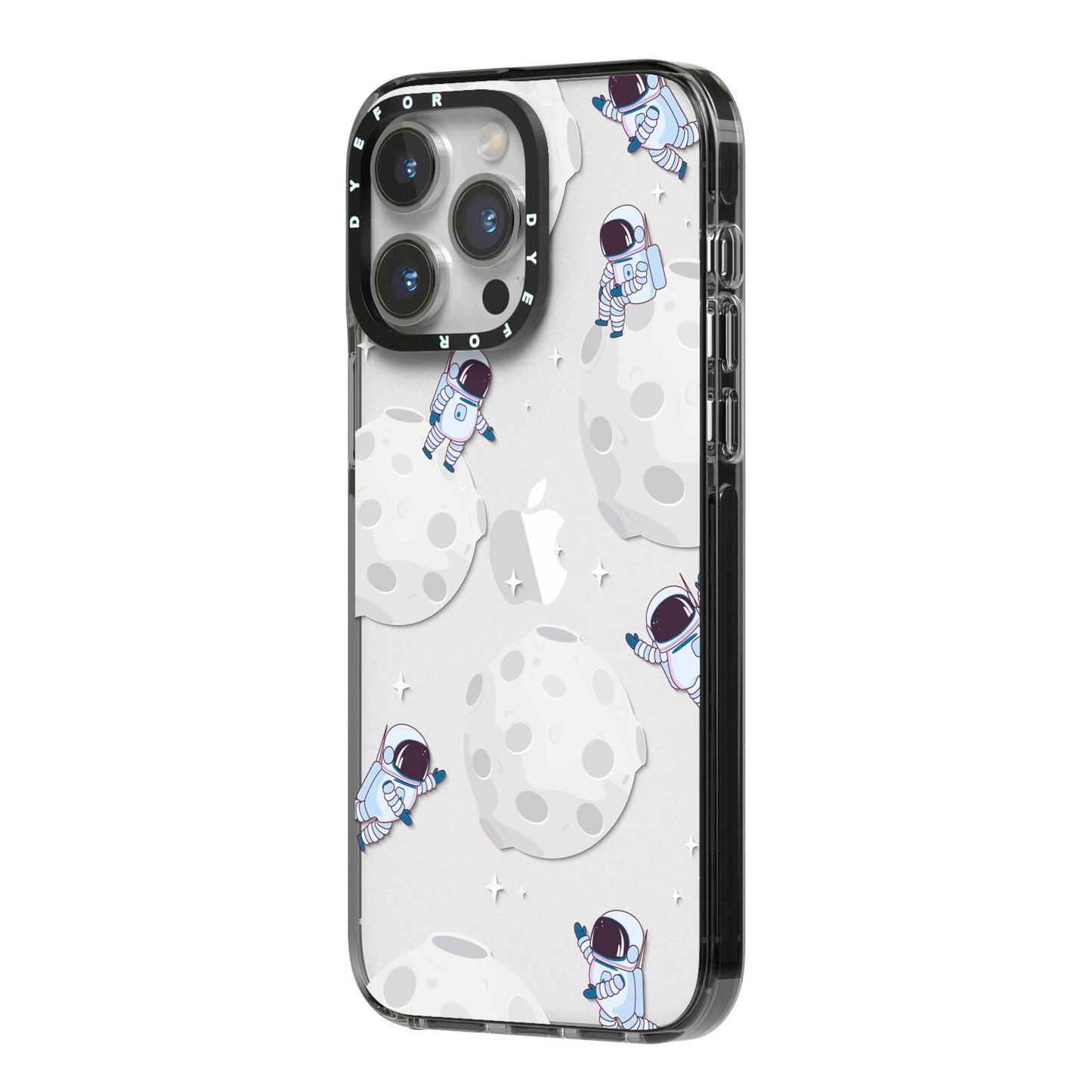 Astronauts and Asteroids iPhone 14 Pro Max Black Impact Case Side Angle on Silver phone