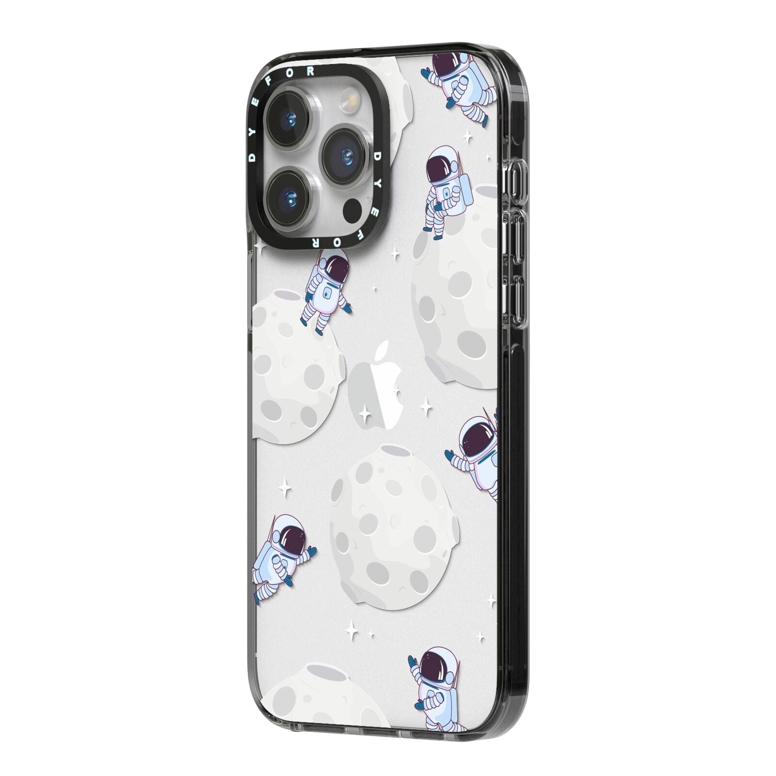 Astronauts and Asteroids iPhone 14 Pro Max Black Impact Case Side Angle on Silver phone