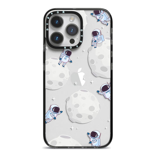 Astronauts and Asteroids iPhone 14 Pro Max Black Impact Case on Silver phone