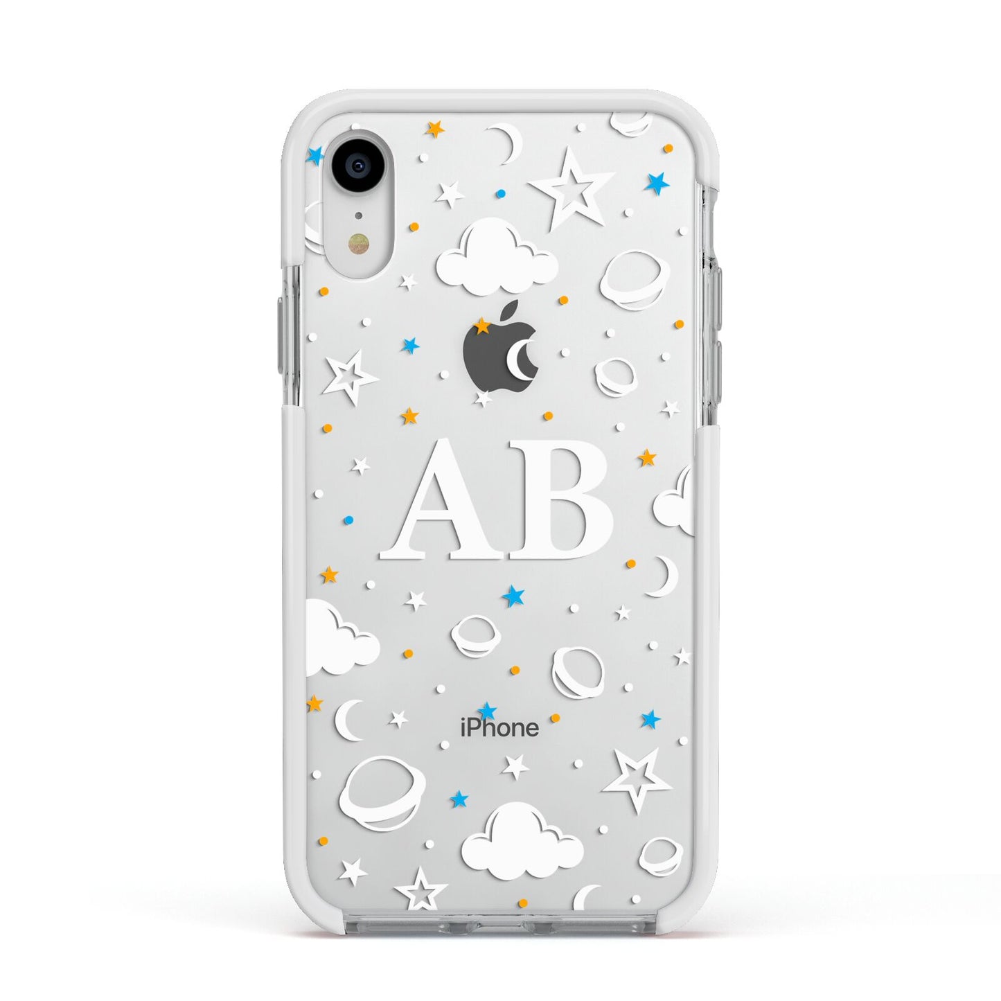 Astronomical Initials Apple iPhone XR Impact Case White Edge on Silver Phone