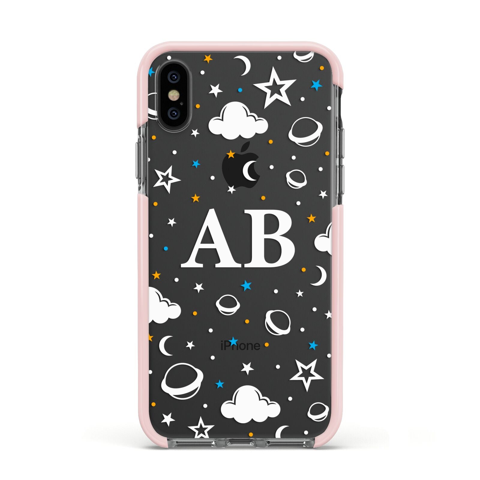Astronomical Initials Apple iPhone Xs Impact Case Pink Edge on Black Phone