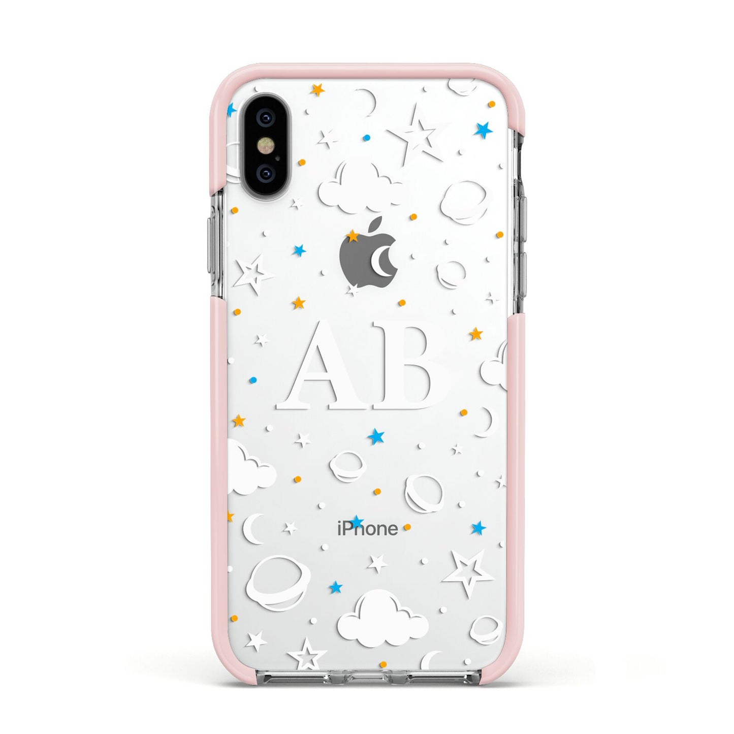 Astronomical Initials Apple iPhone Xs Impact Case Pink Edge on Silver Phone