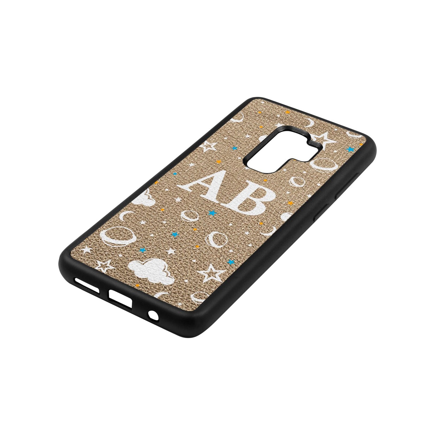 Astronomical Initials Gold Pebble Leather Samsung S9 Plus Case Side Angle