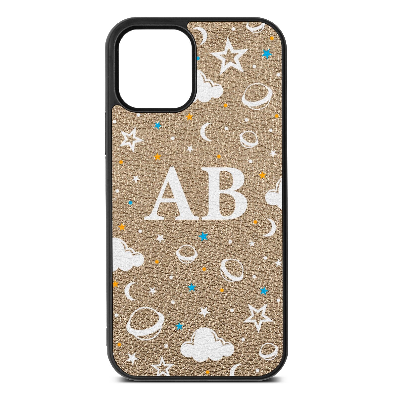 Astronomical Initials Gold Pebble Leather iPhone 12 Case