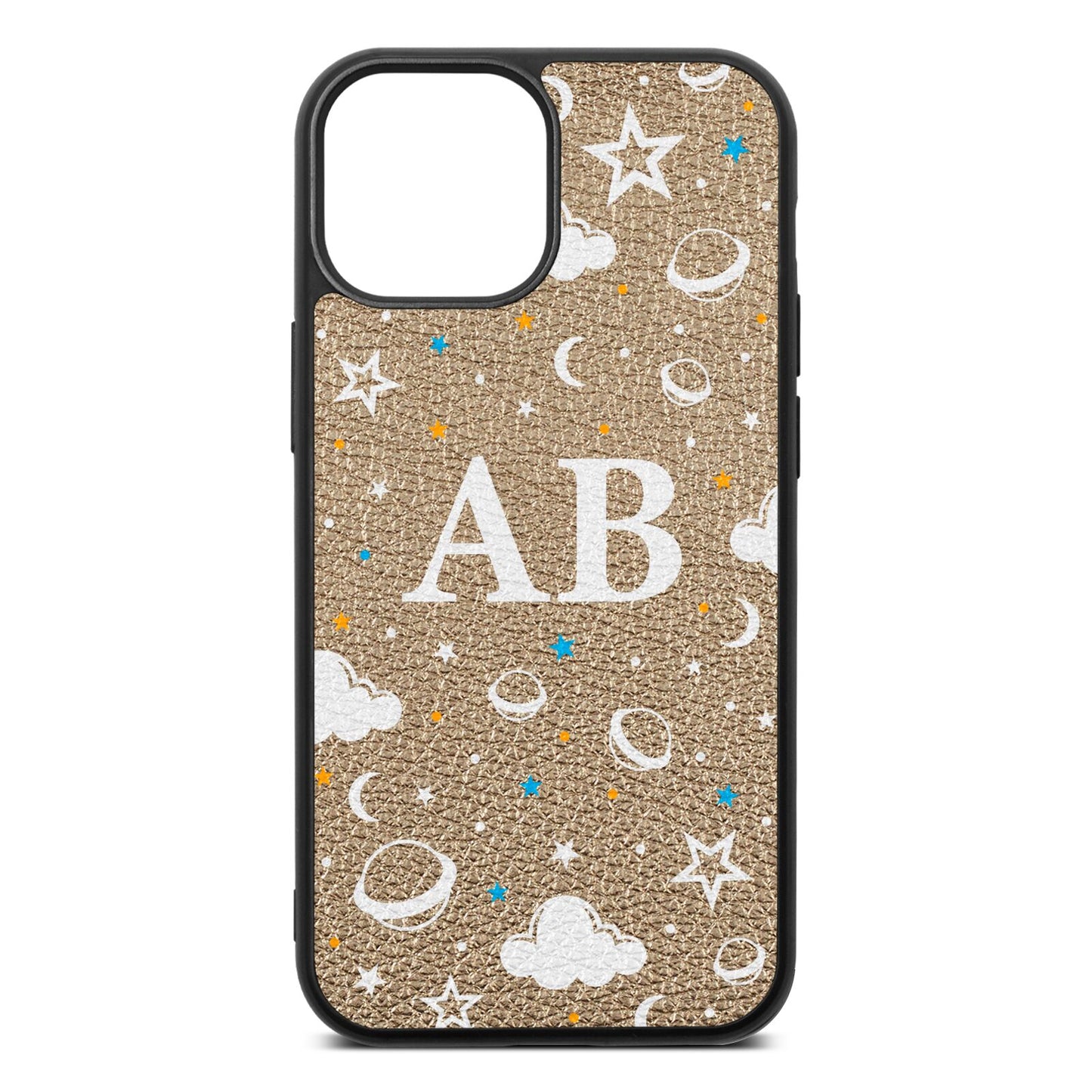 Astronomical Initials Gold Pebble Leather iPhone 13 Mini Case