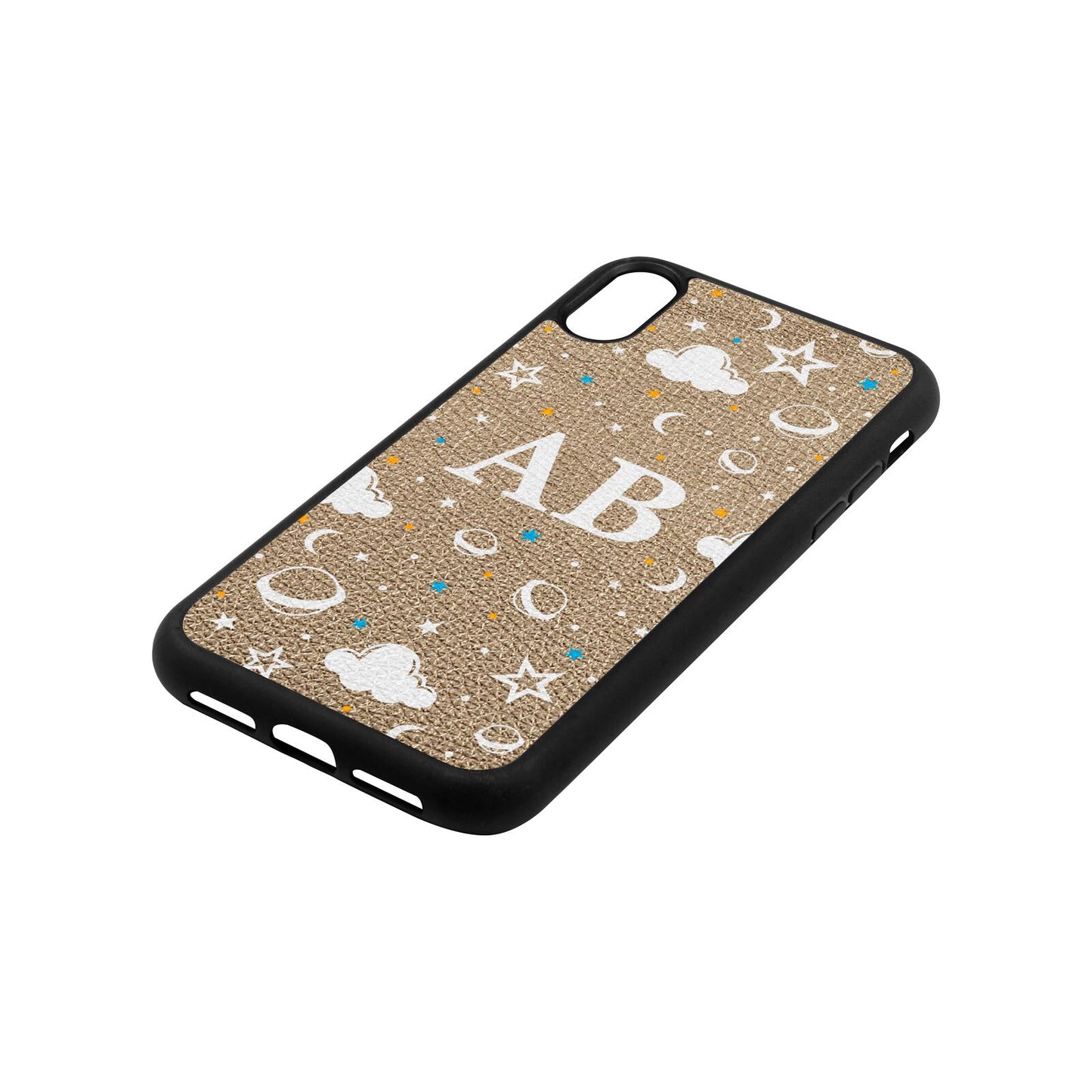 Astronomical Initials Gold Pebble Leather iPhone Xr Case Side Angle