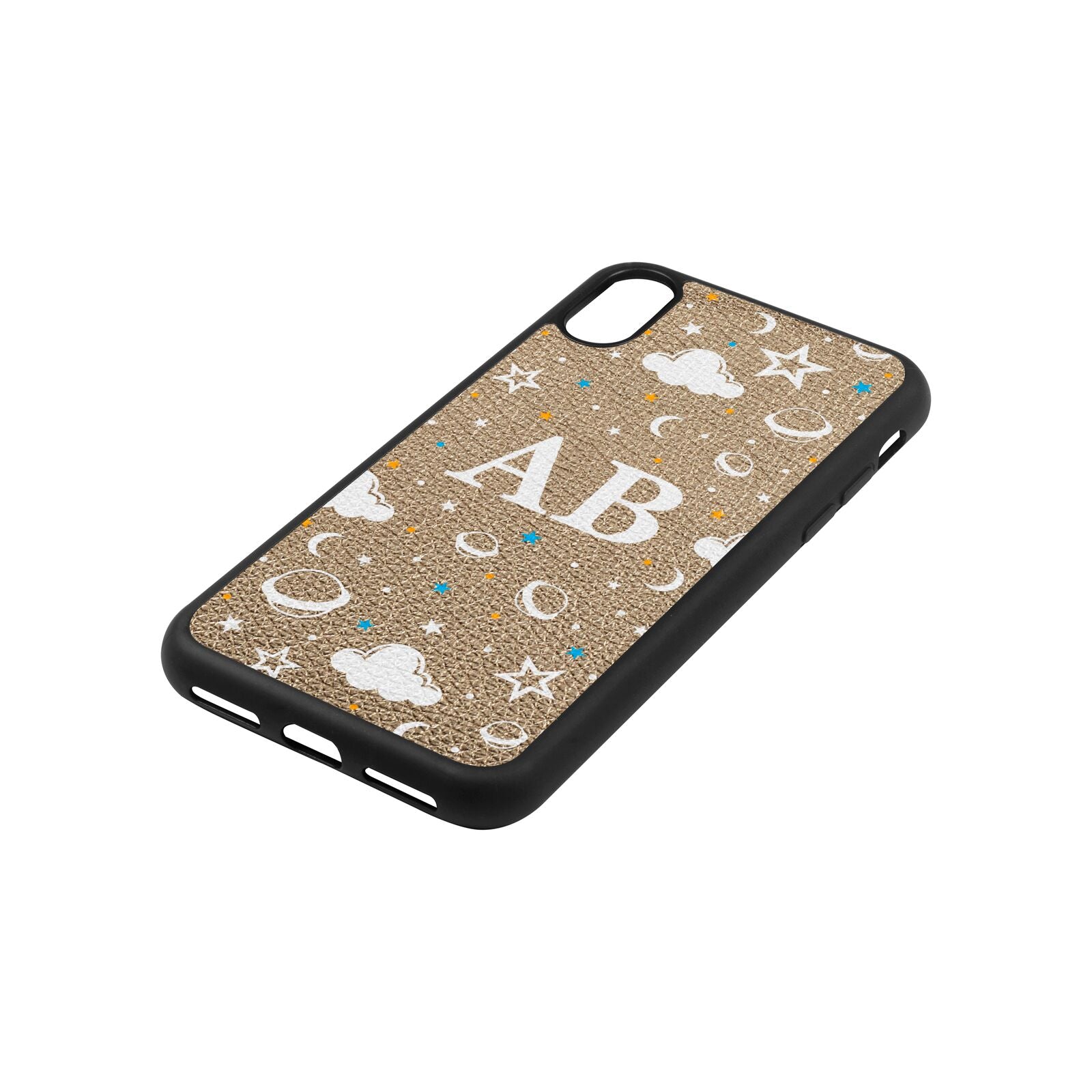 Astronomical Initials Gold Pebble Leather iPhone Xs Case Side Angle