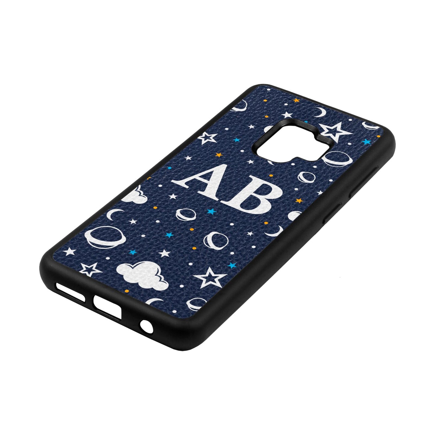 Astronomical Initials Navy Blue Pebble Leather Samsung S9 Case Side Angle