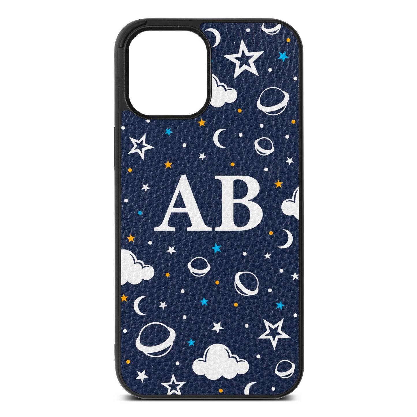Astronomical Initials Navy Blue Pebble Leather iPhone 12 Pro Max Case