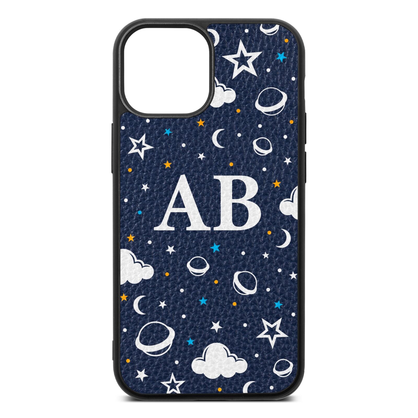 Astronomical Initials Navy Blue Pebble Leather iPhone 13 Mini Case