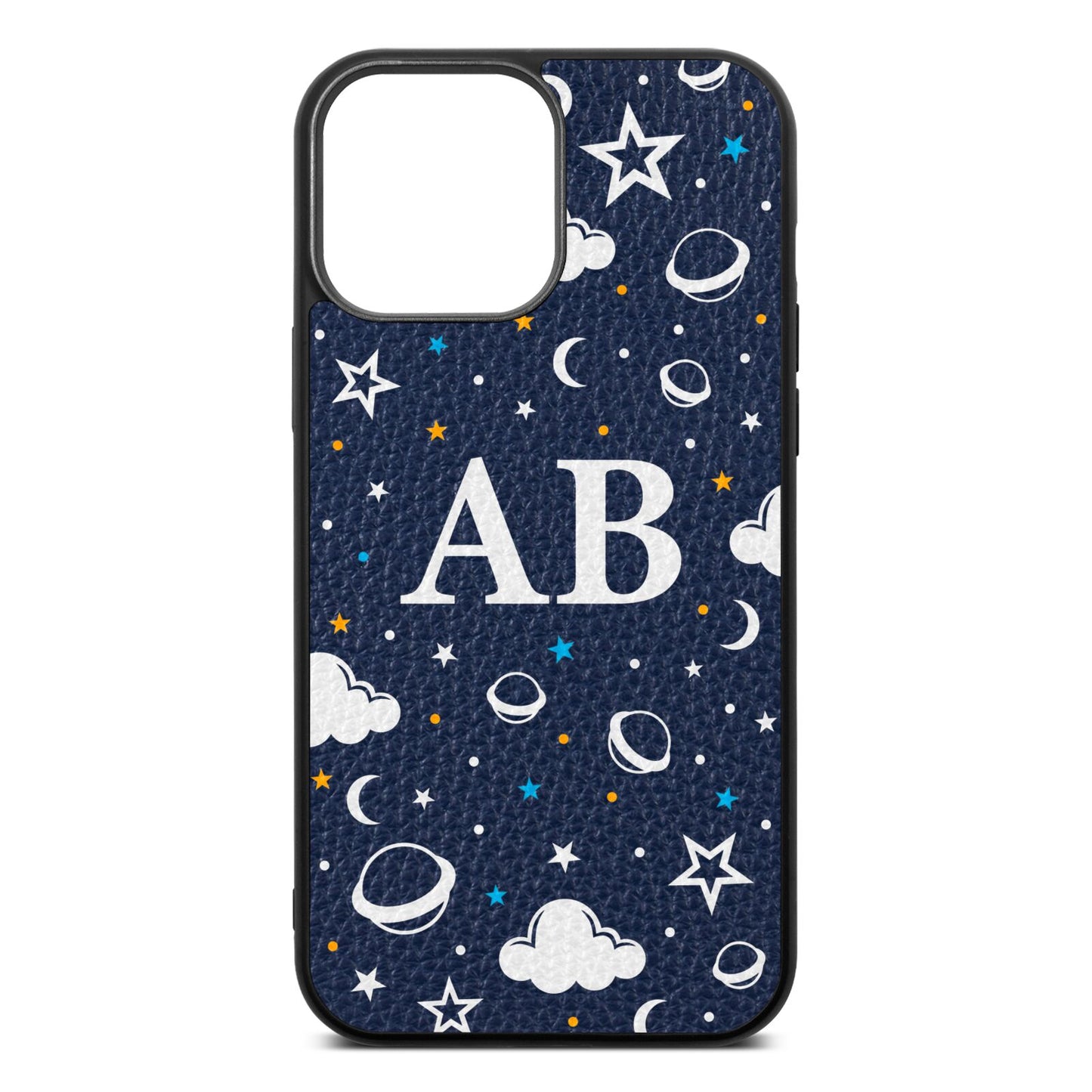 Astronomical Initials Navy Blue Pebble Leather iPhone 13 Pro Max Case