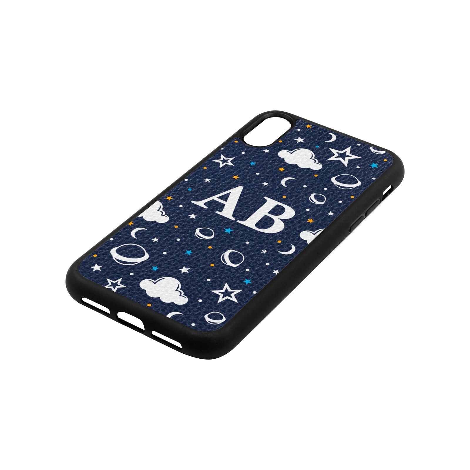 Astronomical Initials Navy Blue Pebble Leather iPhone Xr Case Side Angle