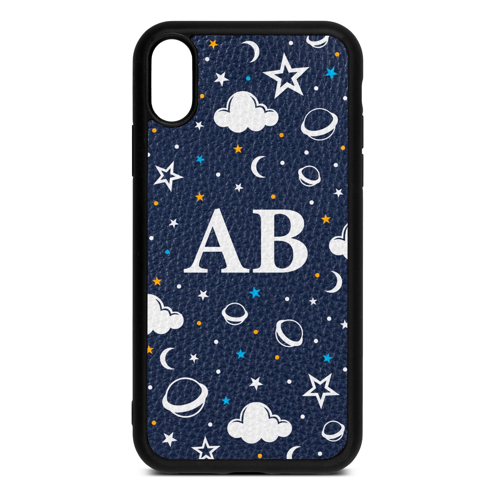 Astronomical Initials Navy Blue Pebble Leather iPhone Xr Case